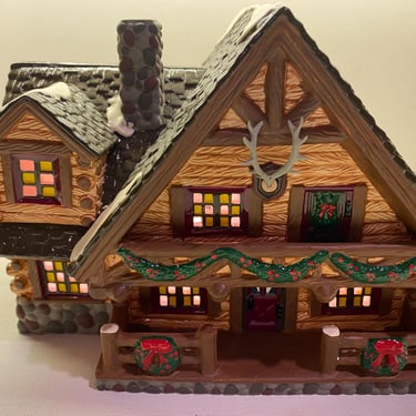 Vintage 1993 Department 56, Hunting Lodge, Snow Village, Christmas Village, Light Up House, Ceramic House 