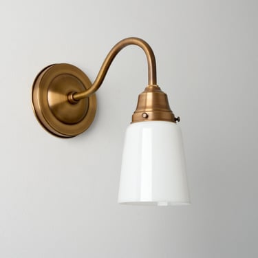 Brass Wall Lamp - Gooseneck Wall Sconce - White Glass Cup Shade - Kitchen Lighting 