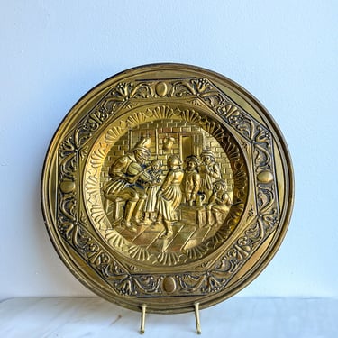 Round Brass Tray Arts and Crafts Perrage Pub Scene Made in England Wall Decor Colonial Embossed Tray 