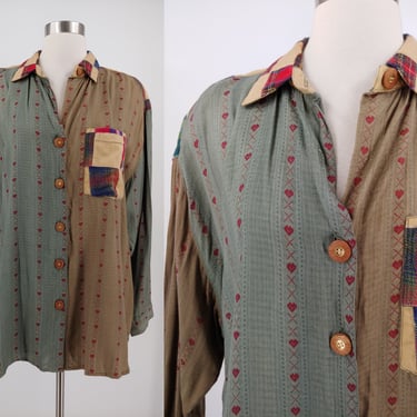 Vintage Nineties HG NY Patchwork 90s Button Up Long Sleeve Blouse - 90s Large Heart Print NOS Shirt - Missing Button 