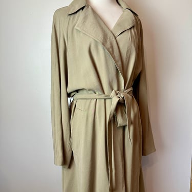 90’s beige long duster~ gathered waist in back belted~ neutral minimalist lightweight All season jacket over coat~ size LG/ XLG open 