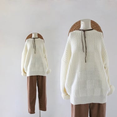 unisex pullover sweater - vintage 90s unisex mens womens cream ivory white pullover acrylic casual knit minimal colorful sweater 
