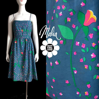 MALIA Vintage 70s Dusty Blue & Pink Floral Sun Dress by Malia Hawaii 