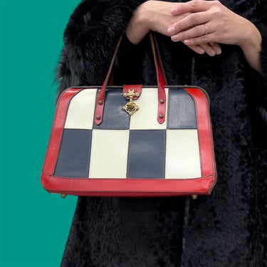 Vintage Satchel Retro 1960s Burlington Leather + Mid Century Modern + Checkered + Red + Dark Navy + White + Handbag + Purse + MCM + Mod 