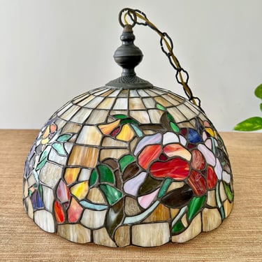 Vintage Tiffany Style Vibrant Stained Glass Dome Hanging Ceiling Lamp - Colorful Florals 