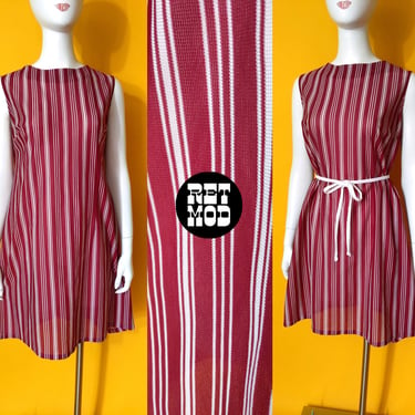 Vintage 60s 70s Maroon White Stripe Sleeveless Dress 