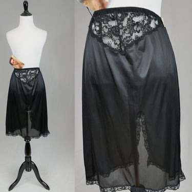 80s Black Half Slip - Deadstock with Tags - Nylon Full Skirt Slip - Lace Waist Detail and Hem - Mel-Lin - Vintage 1980s - Size L Large 