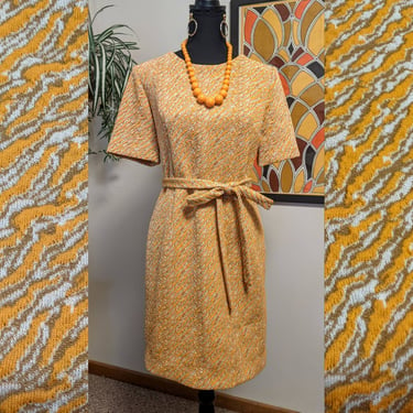 Vintage 1960s Orange, Beige & Cream Ripple Print Textured Polyester Shift Dress with Matching Self Belt 