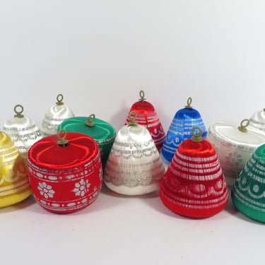 Vintage Satin String Bells and Drums Christmas Ornaments - Set of 12 Satin String and Glitter Ornaments 