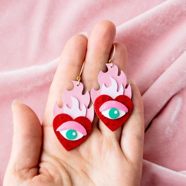 Hearts on Fire - Flaming Heart + Evil Eye Statement Earrings in Red / Pink 