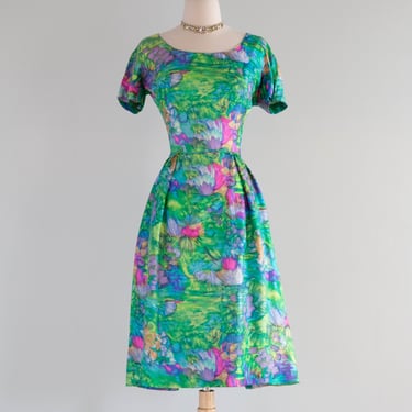 Early 1960's Monet Inspired Waterlilies Print Silk Dress / Medium