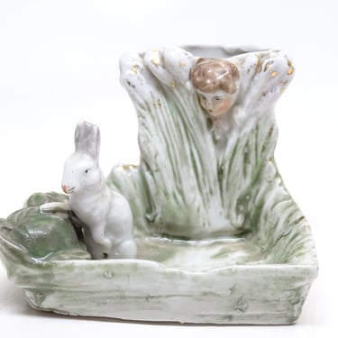 Antique Victorian German Boy Watching Rabbit Match Holder with Striker, Glazed Bisque Bunny, Vintage Germany 