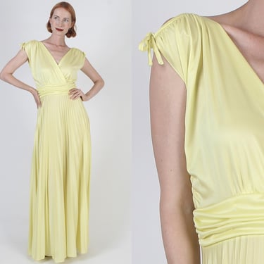 vintage 70s Grecian Goddess Dress, Disco Lounge Wrap Bodice, Canary Yellow Toga Party Maxi 