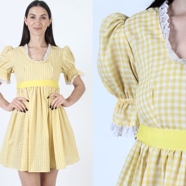Country Picnic Gingham Micro Mini Dress Vintage 70s Yellow White Checker Print Puff Sleeve Short Summer Sundress 