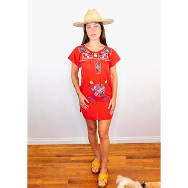 Hand Embroidered Mexican Dress // vintage sun Mexican hand embroidered floral 70s boho hippie cotton hippy red mini // XS X-Small 