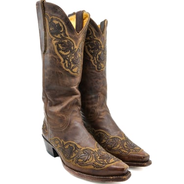 Embroidered Brown Leather Western Boots