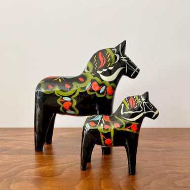 Pair of Vintage Hand-painted Black Dala Horses 6.5" and 3.75” by Nils Olsson of Sweden 
