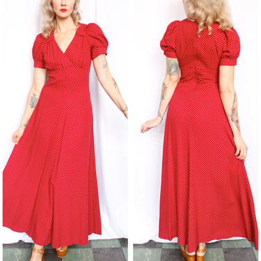 1970s OOPs! Polka Dot Red Maxi Dress - S/M 