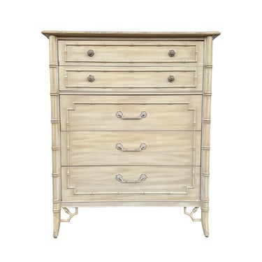 Vintage Faux Bamboo Tallboy Dresser by Thomasville Allegro - Creamy White Chest of 5 Drawers Hollywood Regency Fretwork Coastal Chinoiserie 