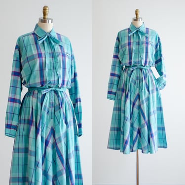 plaid midi dress 80s vintage turquoise blue cotton fit and flare shirtwaist button down dress 