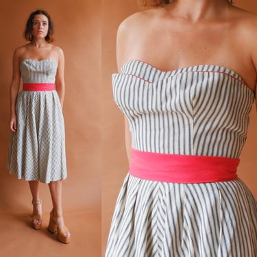Vintage 50s Striped Ticking Strapless Dress/ 1950s Blue White Cotton Summer Dress/ Size XS 