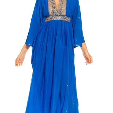 Morphew Collection Royal Blue Silk Kaftan With Sequined Silver Trimmings Made From Vintage Saris 