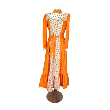 Vintage Handmade Cottagecore Orange Prairie Eyelet Lace Floral Ruffle Maxi Dress 