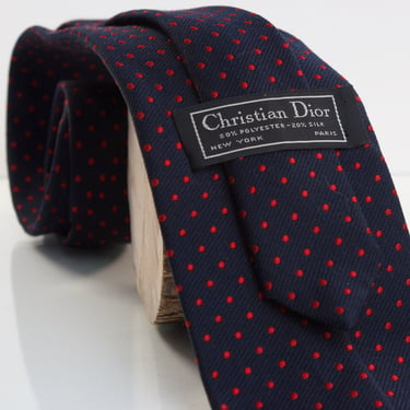 Christian Dior Necktie | Blue and Red Polkadot Tie | Mens Executive Office Wear | Classic 3 inch Width 