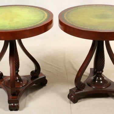 Tables, Round Tooled, Mahogany, Green Leather Top, Pair, Vintage, 1940 C!!