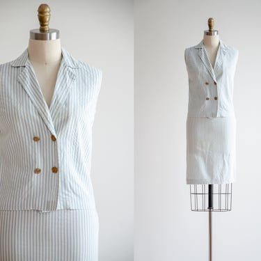 blue striped suit | 60s vintage pastel blue white seersucker sleeveless blouse pencil skirt 2 piece set 