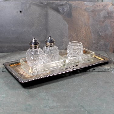 Silver Tray with Glass Condiment Dishes Salt & Pepper Shakers and Toothpick Holder | Elegant Serving Set | Bixley Shop 