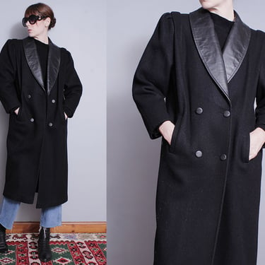 Vintage 1980's | Black | Wool | Double Breasted | Leather Trim | Coat | Overcoat | S 