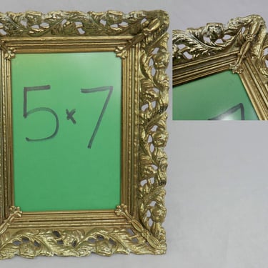 Vintage Shabby Corroded Rusty Metal Filigree Picture Frame - Holds 5" x 7" Photo - 5x7 Goldtone Frame w/ non-glare Glass - Tabletop or Wall 