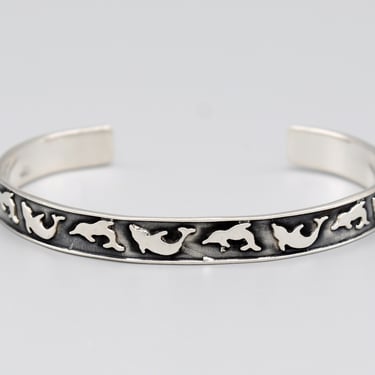 90's Mexico 925 silver leaping dolphins cuff, dancing sterling porpoises stacking bracelet 
