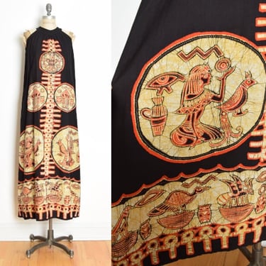 vintage 70s sun dress black Egyptian batik print hippie boho long maxi M clothing 
