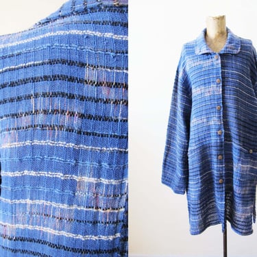 Vintage Yasuko Kurisaka Woven Blue Indigo Jacket S M - Cotton Natural Fiber Stripe Long Textured Duster Jacket - Lagenlook Boho Earthy 