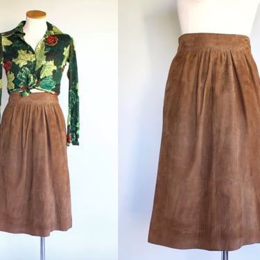 Vintage Suede Leather Gathered High Waist Multi Panel A-Line Skirt with Pockets - Soft Brown Suede - Size 4 - 6 