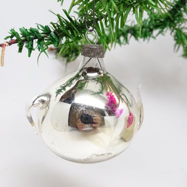 Antique German Hand Blown Mercury Glass Teapot, Vintage Christmas Tree Ornament 
