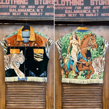 Vintage 1960’s Biker Denim Appliqué Trucker Amazon Woman x Tiger Trucker Vest Jacket, 60’s Vintage Clothing 