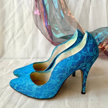 High Heels, Teal Blue Lace Overlay, Stilettos, Pointed Toe Shoes, Rockabilly Pin Up, Punk, Vintage 80s 