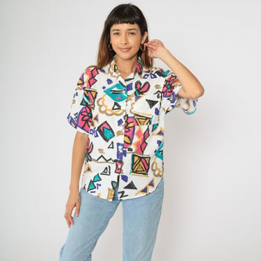 Vintage Abstract Floral Blouse 90s Geometric White Button up Shirt Short Sleeve Retro Collared Multicolor Bright 1990s Oversized Small S 