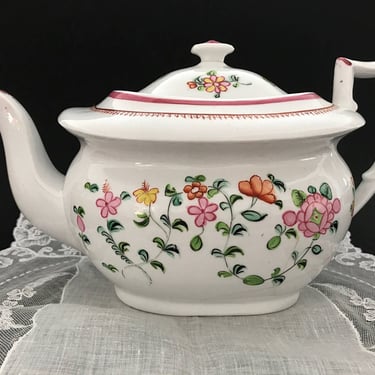 Decorative Antique English china teapot. New Hall pink floral china for shabby cottage chic cabinet shelf decor, 