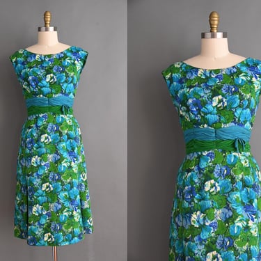 vintage 1950s Dress | Spring Blue & Green Floral Print Cotton Wiggle Dress | Medium 