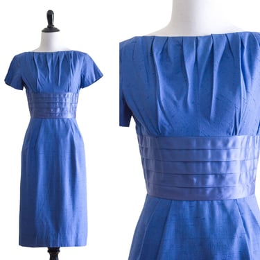 1960s/50s blue linen sheath dress with pleated satin waist band 