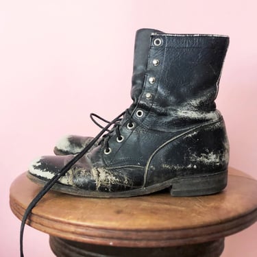 sz 7.5 Vintage Black Leather Boots 1970's JUSTIN Womens Lace Up Flat Hippie, Boho, Work, Granny Boots, Biker Shoes, Antique Boot 
