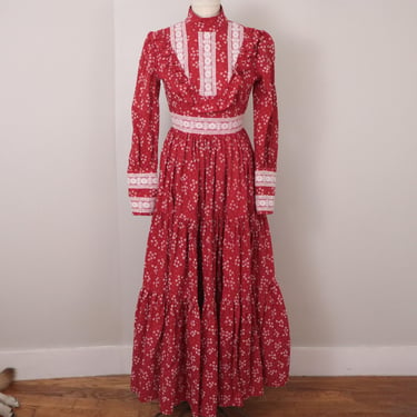 1960s Red Prairie Dress/PrairieCore Cult Dress/ Long Sleeve Maxi Dress 