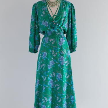 Fabulous 1980's Diane Freis Silk Floral Print Dress With Tassels / L