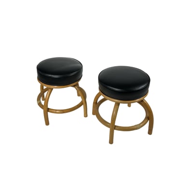 80s Modern Coastal Bent Bamboo and Black Leatherette Footstools - a Pair 