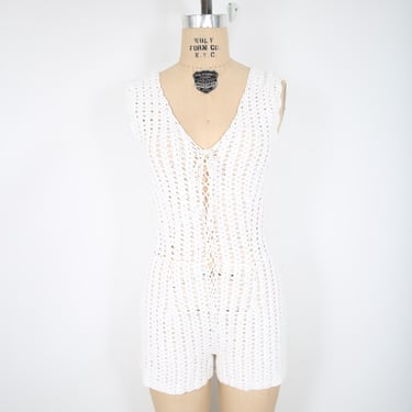 60s Gogo White Crochet Romper Playsuit Shorts Handmade Summer Retro Twiggy Festival Coachella Stagecoach Vintage 