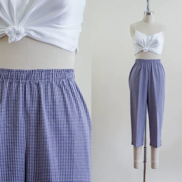 high waisted pants | 90s vintage navy white gingham plaid checkered seersucker cotton cropped pants 